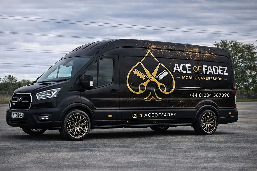 Ace Of Fadez black Ford Transit mobile barbershop with gold spade branding