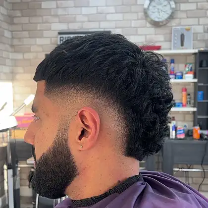 Drop fade with natural curls — men's grooming Bramley Leeds